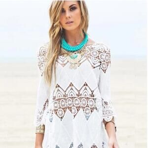 Crochet 3/4 Sleeve Tunic SzM beach pool restore spa bikini cover 100 % Cotton